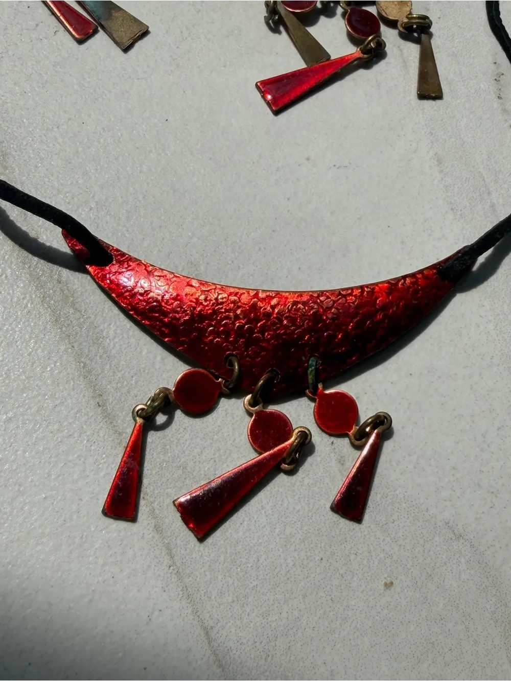 Red Enamel Dangle Necklace and Earring Set